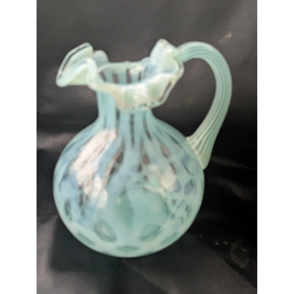 Fenton Art Glass Blue Topaz Opalescent Coin Dot Pitcher 6.5 Inch Ruffled Lip
